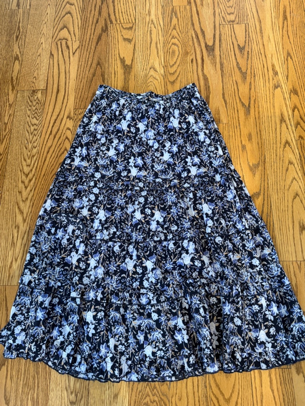 Women's Cotton Rayon Blue Floral Tiered Boho Maxi Skirt small